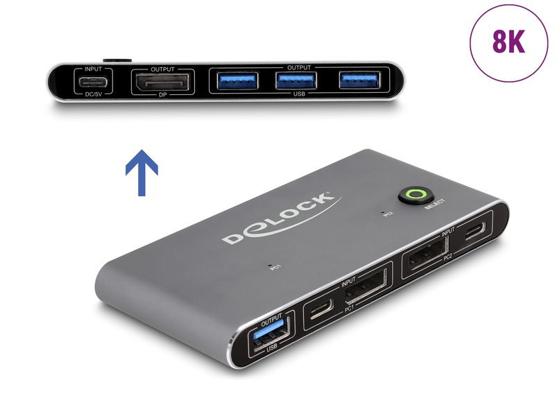 Delock KVM Switch Displayport 8K 30 Hz mit USB 5 Gbps