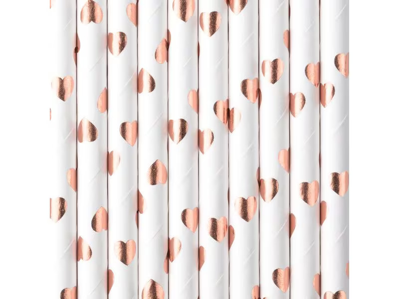 Partydeco Strohhalm Herzen 10 Stück, Rosegold/Weiss