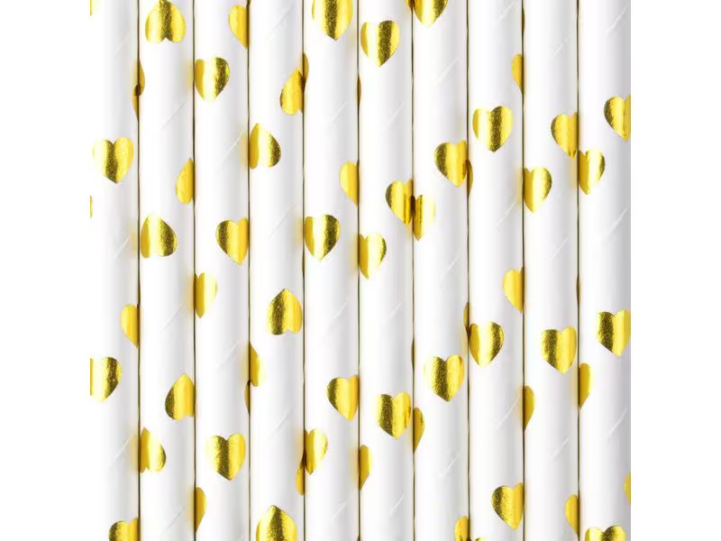 Partydeco Strohhalm Herzen 10 Stück, Gold/Weiss