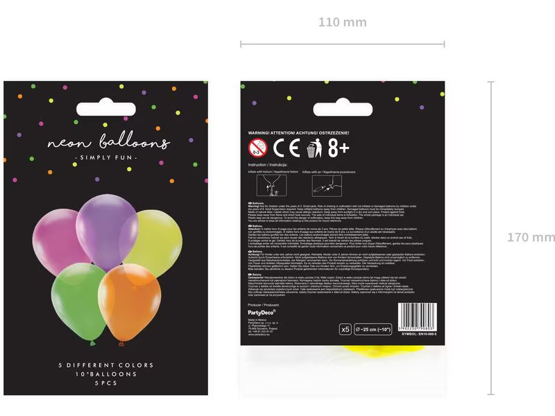 Partydeco Luftballon Uni Neon 5 Stück, Mehrfarbig, Ø 25 cm