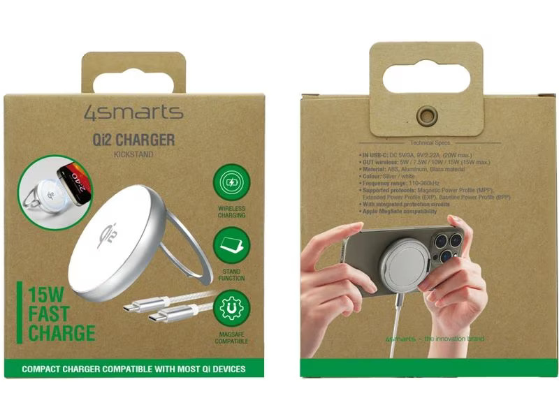 4smarts Wireless Charger Kickstand Qi2 Silber / Weiss