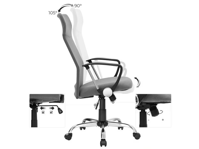 Songmics Bürostuhl mit Polsterrücken und Armlehnen, Grau