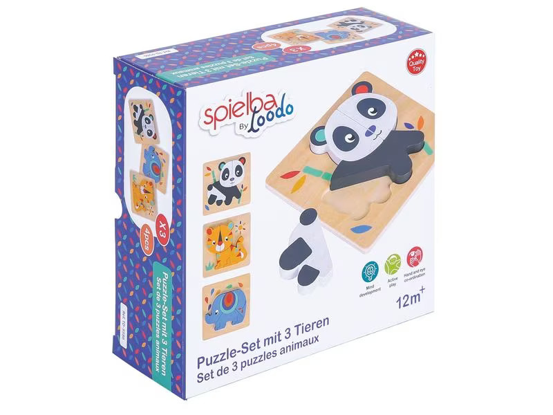 Spielba Holzspielwaren Puzzle-Set mit Panda, Elefant, Giraffe