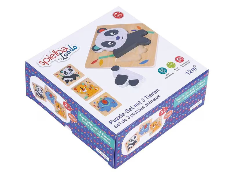 Spielba Holzspielwaren Puzzle-Set mit Panda, Elefant, Giraffe