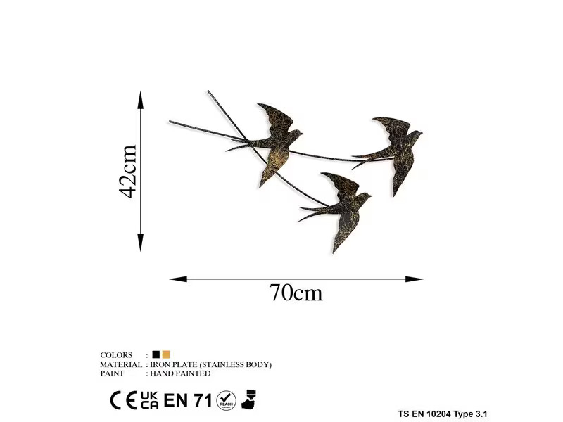 Wallxpert Wanddekoration Schlucken Vogel 42 x 70 cm, Metall