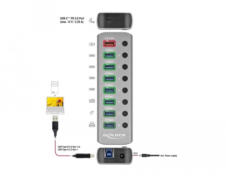 Delock USB-Hub 63264 USB 3.0 - 7x USB-A / 2x Ladeanschluss
