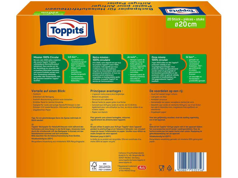 Toppits Backpapier für Heissluftfritteusen 20 Stück