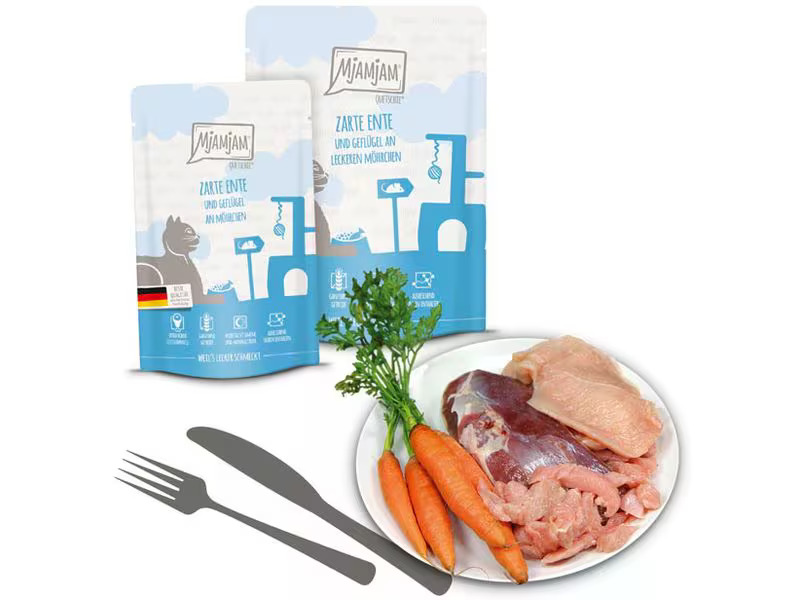 Mjamjam Nassfutter Quetschie Ente &amp; Geflügel, 300 g