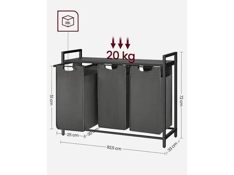 VASAGLE Wäschekorb  mit Ablage 3 x 38 l, Schwarz