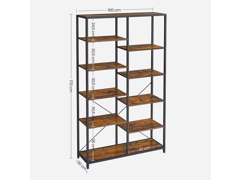 VASAGLE Regal mit 10 Ebenen 100 x 30 x 17 cm, Braun/Schwarz