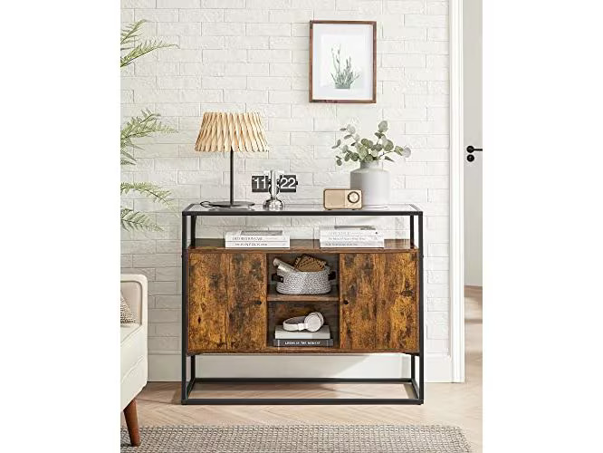 VASAGLE Kommode mit Glasoberfläche 100 x 35 x 80 cm, Braun/Schwarz