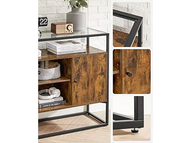 VASAGLE Kommode mit Glasoberfläche 100 x 35 x 80 cm, Braun/Schwarz