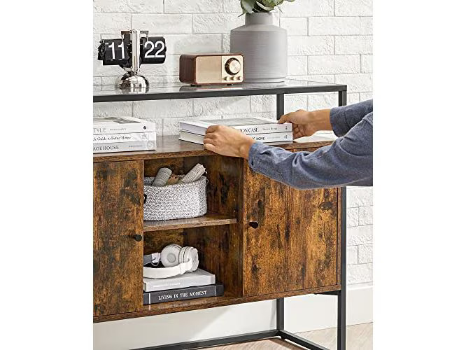 VASAGLE Kommode mit Glasoberfläche 100 x 35 x 80 cm, Braun/Schwarz