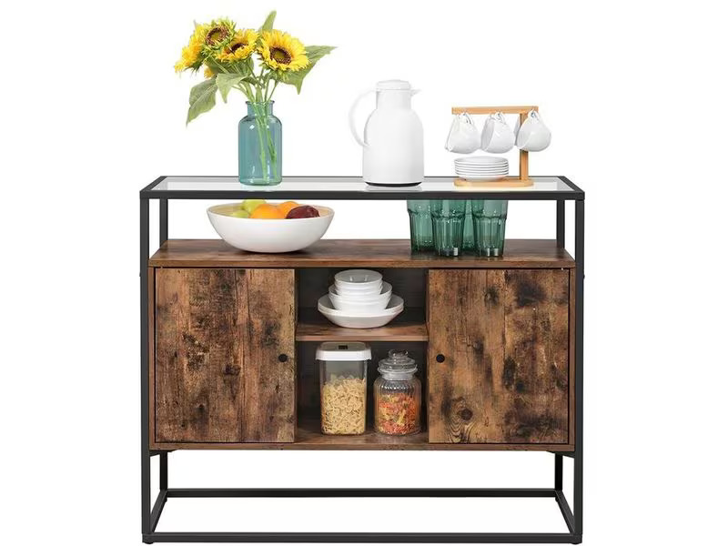 VASAGLE Kommode mit Glasoberfläche 100 x 35 x 80 cm, Braun/Schwarz