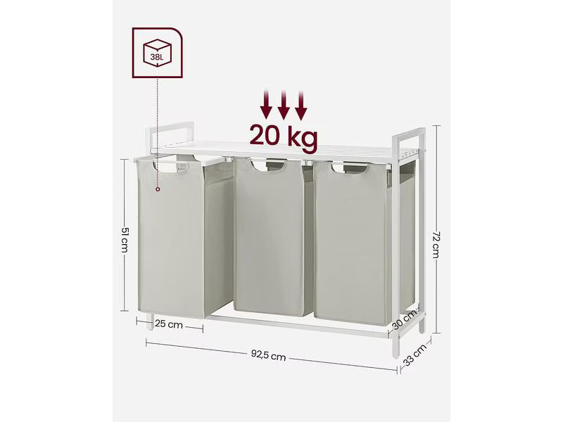 VASAGLE Wäschekorb  mit Ablage 3 x 38 l, Weiss