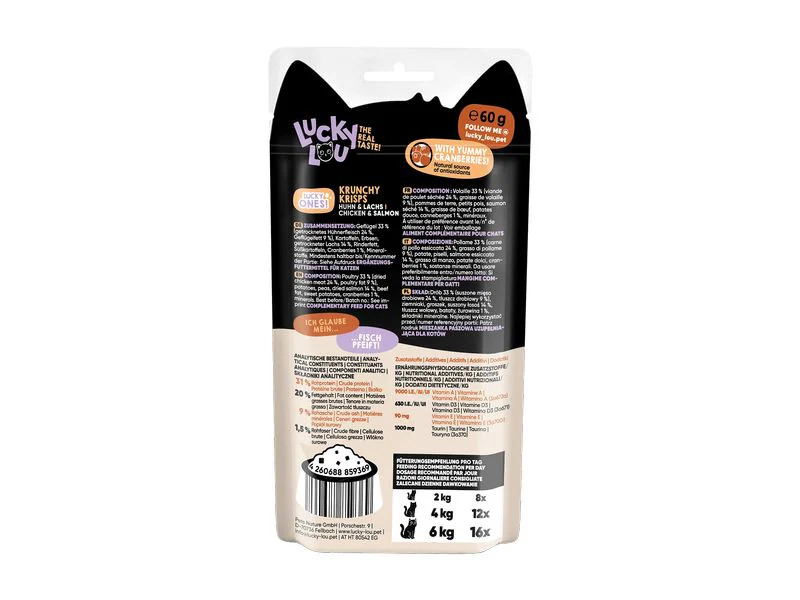 Lucky Lou Katzen-Snack Lucky Ones Krunchy Krisps Huhn &amp; Lachs, 6 x 60g