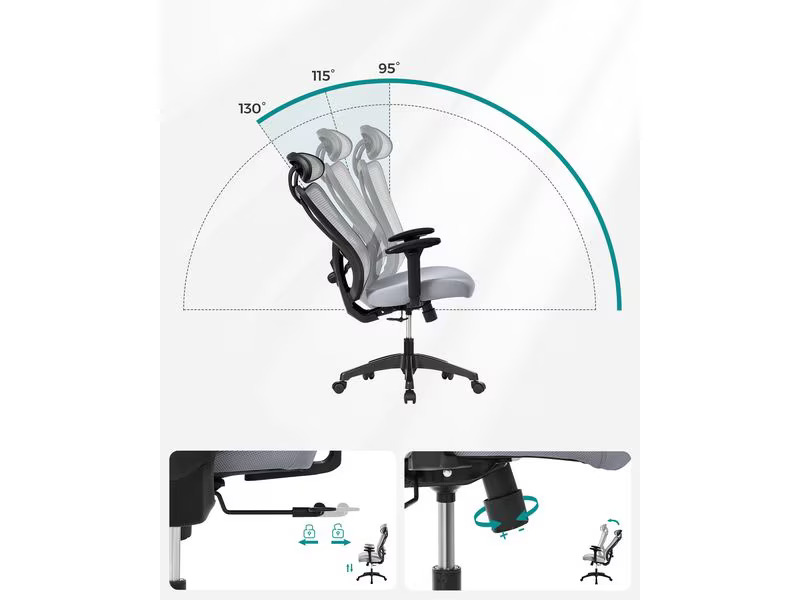 Songmics Bürostuhl mit Netzrücken, Kopfstütze und Armlehnen, Grau