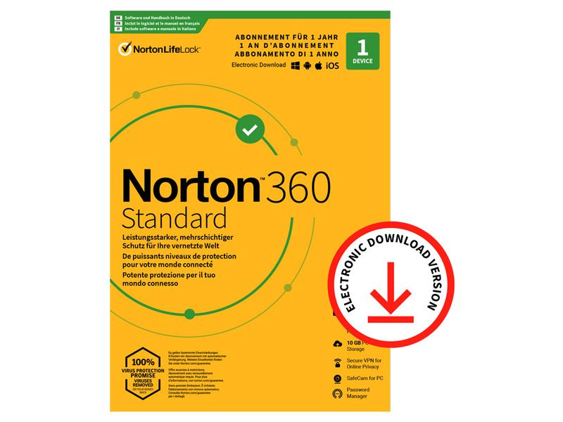 Norton Norton 360 Standard ESD, 1 Dev., 1yr, 10GB Cloud Speicher