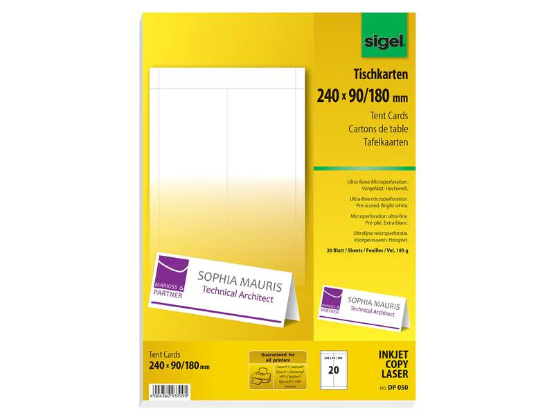 Sigel Tischkarte 24 x 9 x 18 cm, 20 Blatt, 185 g, Weiss