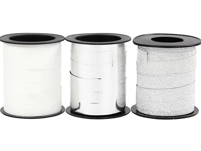 Creativ Company Geschenkband Weiss/Silber 1 cm x 15 m, 3 Stück