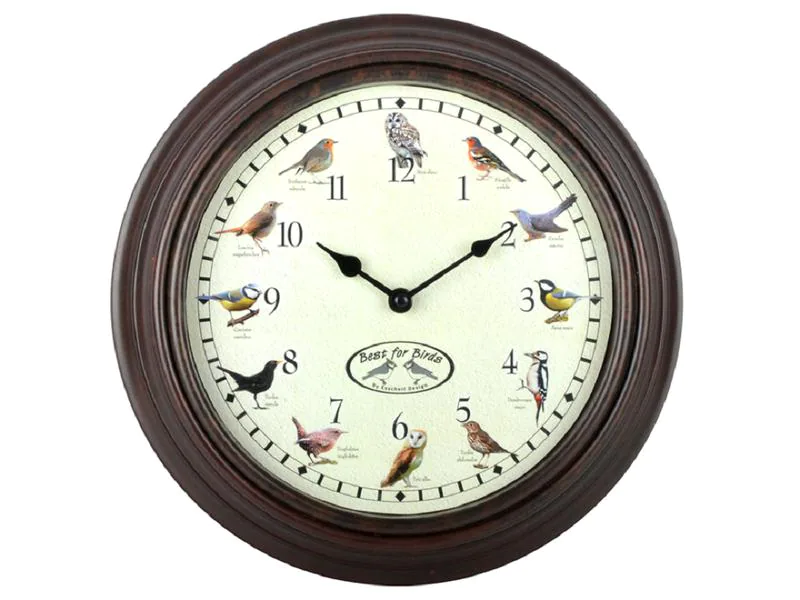 Esschert Design Wanduhr mit Vogelrufen Ø 30.1 cm, Braun/Weiss