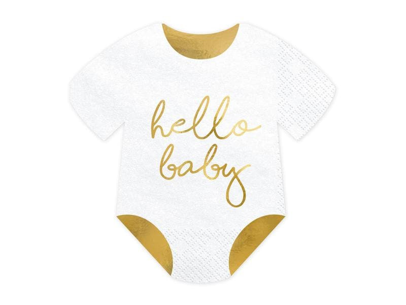 Partydeco Papierservietten Hello Baby Strampler 20 Stück, Weiss/Gold