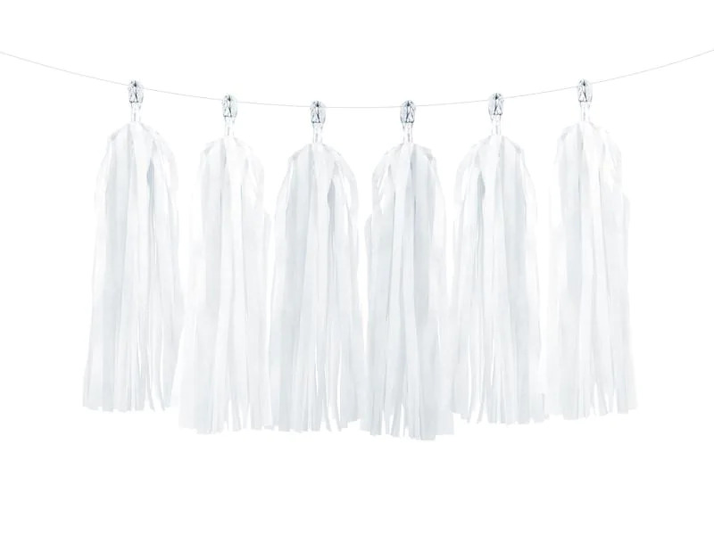 Partydeco Girlande Quasten 1.5 m, 12 Pompons, Weiss