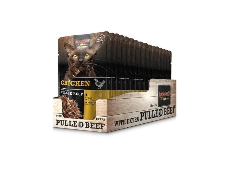 Leonardo Cat Food Nassfutter Huhn &amp; Pulled Beef, 16 x 70 g