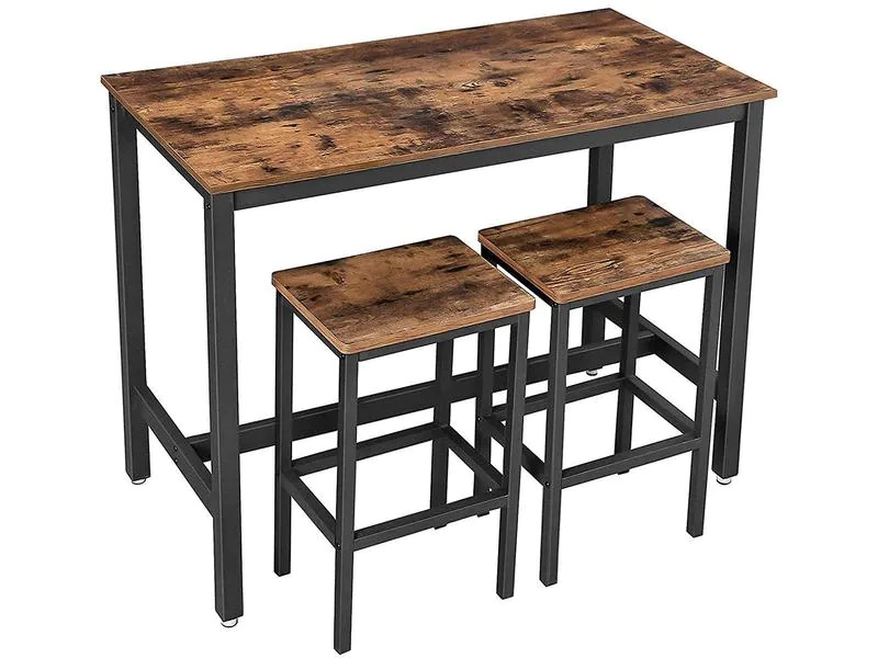 VASAGLE Bartisch mit 2 Hockern 40/120 x 65 cm/90 cm, Braun/Schwarz