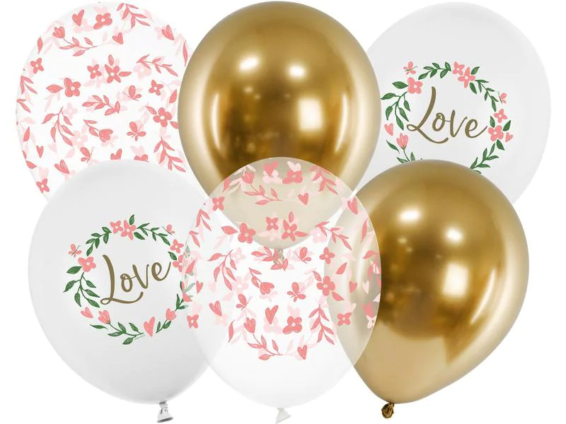 Partydeco Luftballon Love Gold/Weiss, Ø 30 cm, 6 Stück