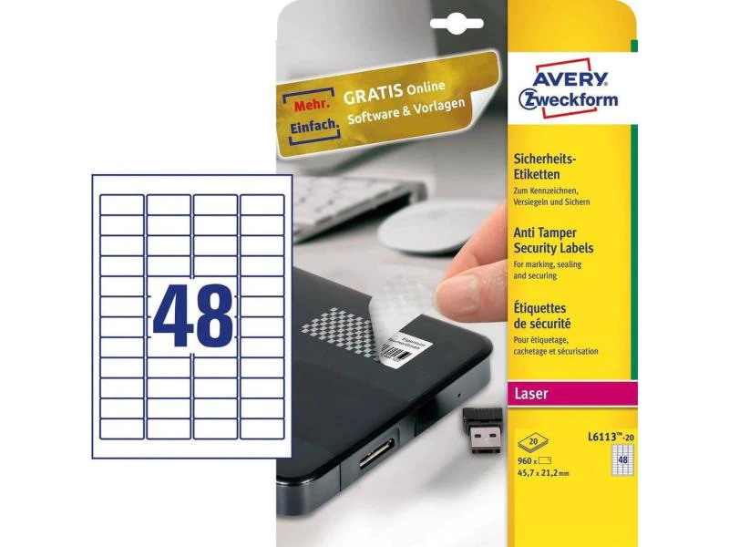 Avery Zweckform Sicherheits-Etiketten L6113-20 45.7 x 21.2 mm