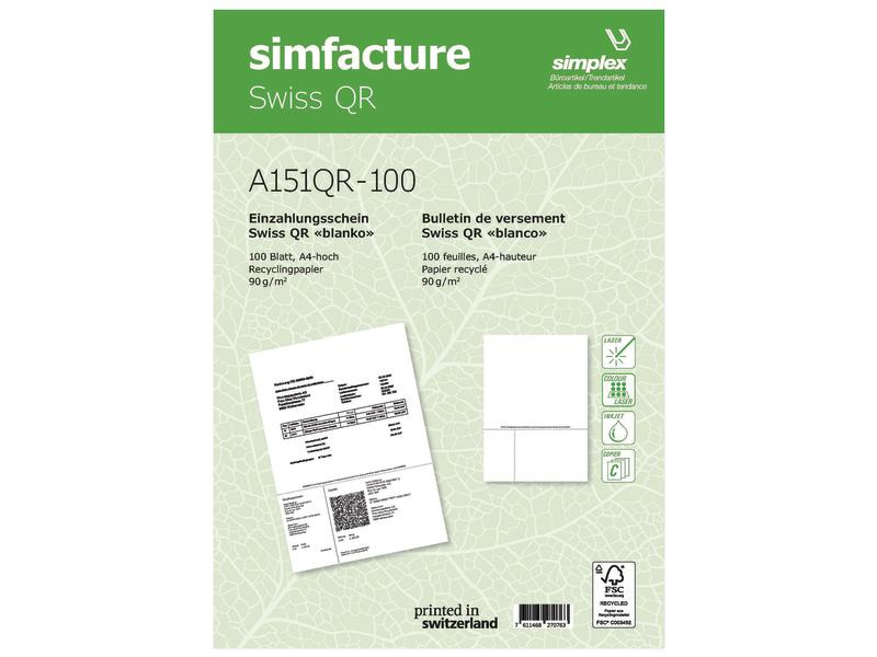 Simplex Einzahlungsschein Simfacture Swiss QR Recycling 100 Blatt
