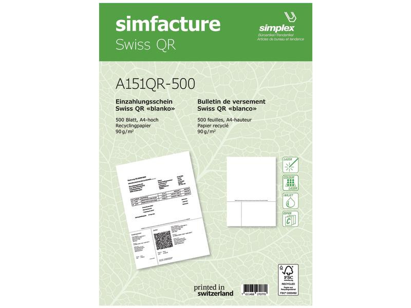Simplex Einzahlungsschein Simfacture Swiss QR Recycling 500 Blatt