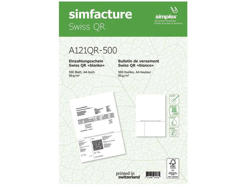 Simplex Einzahlungsschein Simfacture Swiss QR 100 Blatt, Weiss