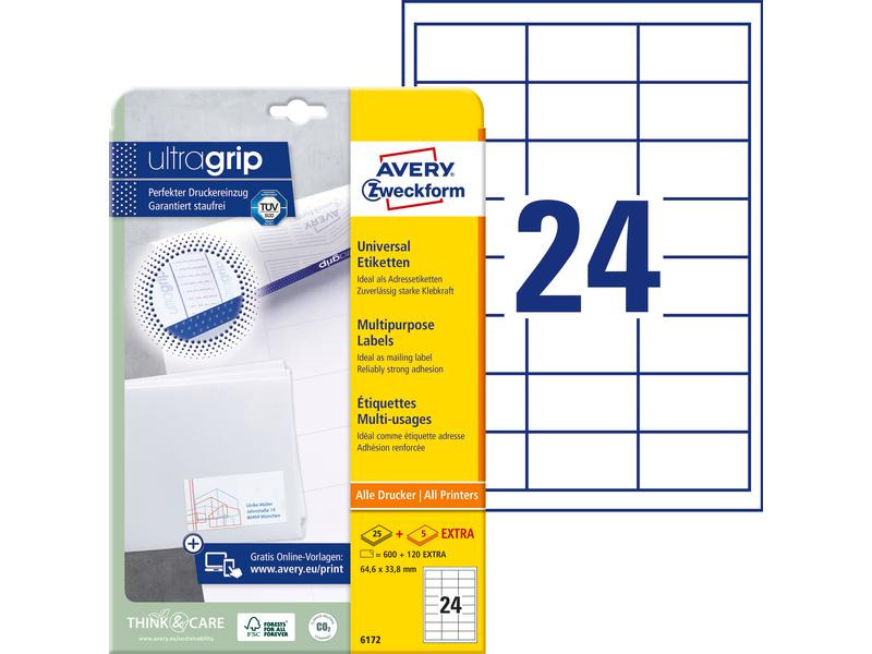 Avery Zweckform Universal-Etiketten 6172 64.6 x 33.8 mm, 30 Blatt