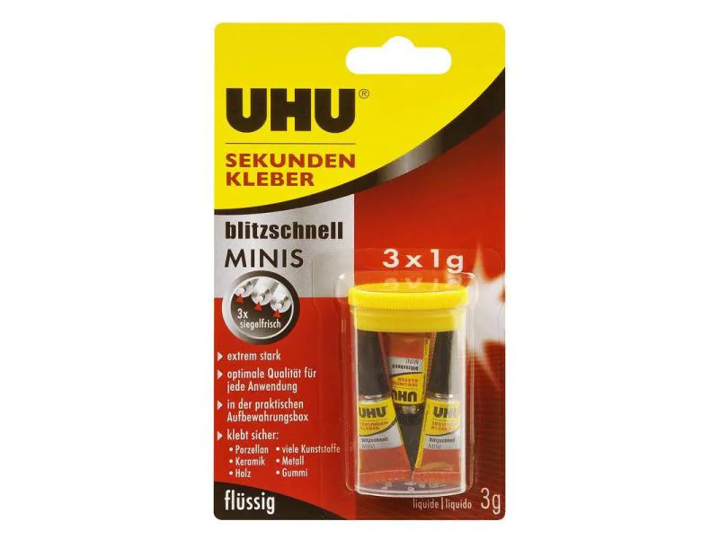 UHU Sekundenkleber Minis flüssig 3 Stück, Transparent