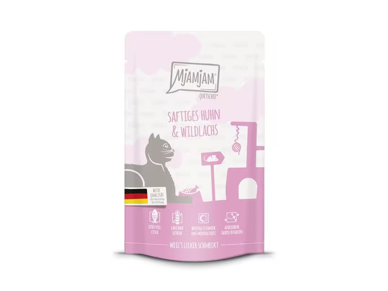 Mjamjam Nassfutter Quetschie Huhn &amp; Wildlachs, 125 g