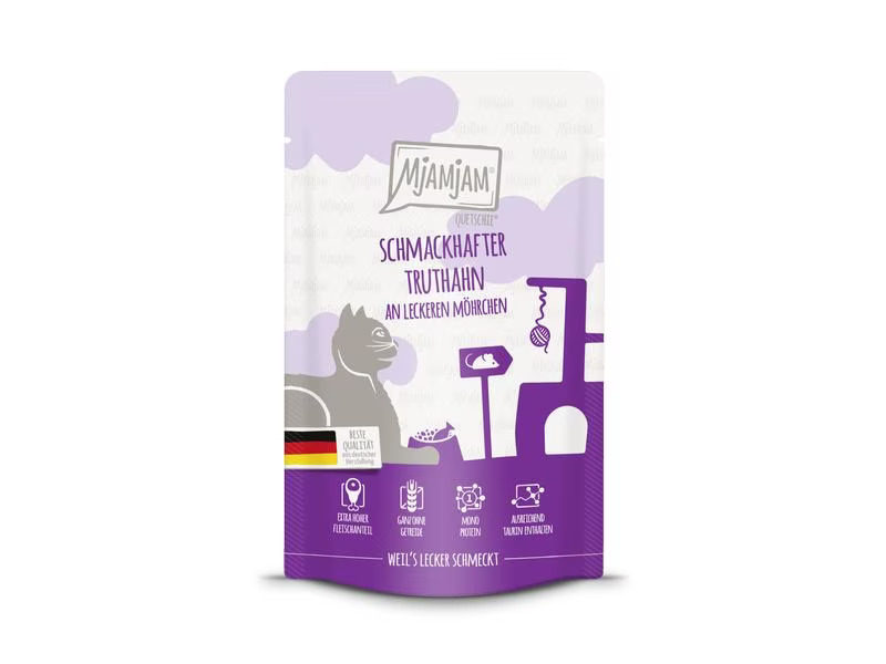 Mjamjam Nassfutter Quetschie Truthahn &amp; Möhrchen, 125 g