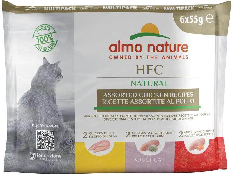 Almo Nature Nassfutter HFC Natural 3 Sorten mit Huhn, 6 x 55 g