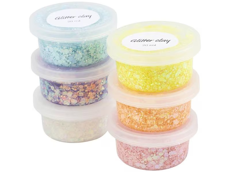 Creativ Company Modelliermasse Glitter Clay 6 x 20 ml, Pastellfarben