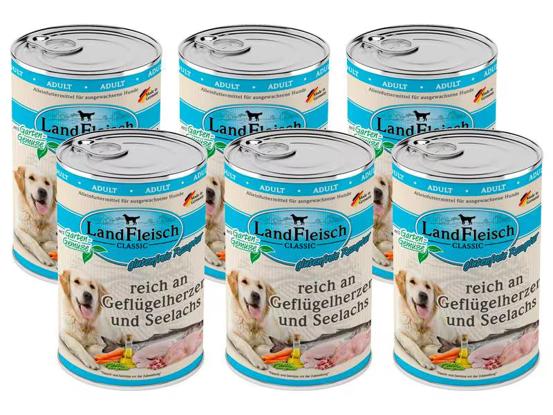 LandFleisch Nassfutter Classic Geflügelherzen und Seelachs, 6 x 400 g