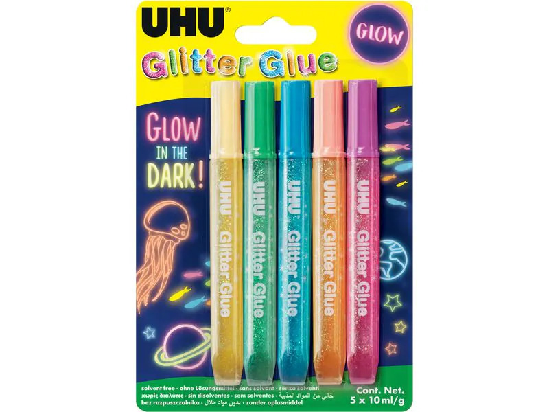 UHU Bastelkleber Glitter Glue Glow 5 x 10 ml