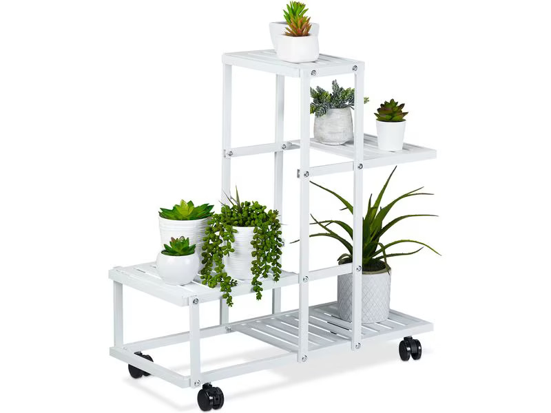 relaxdays Pflanzenständer mit Rollen 60.5 cm, Weiss