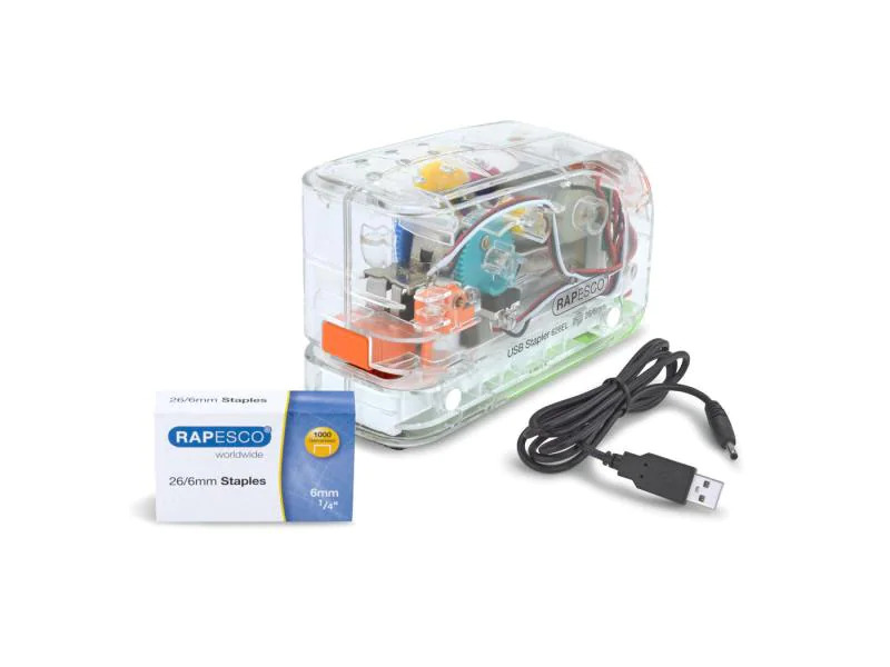 Rapesco Elektrisches Heftgerät 626EL USB/Batterie, Transparent