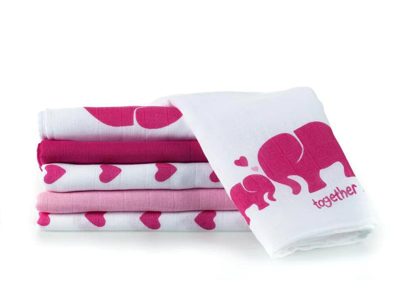 MAKIAN Mulltuch 6-er Set 80 x 80 cm Pink und Weiss Elefant, Herz