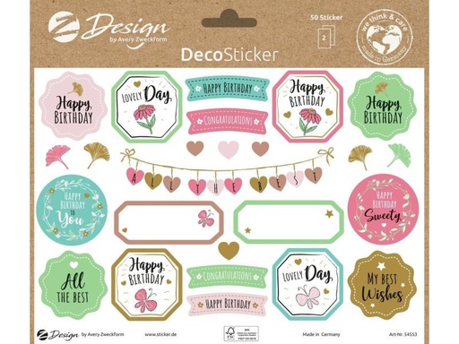 [90118089 1058292] Z-Design Motivsticker Deko, Papier Happy Birthday, Bunt, 50 Aufkleber
