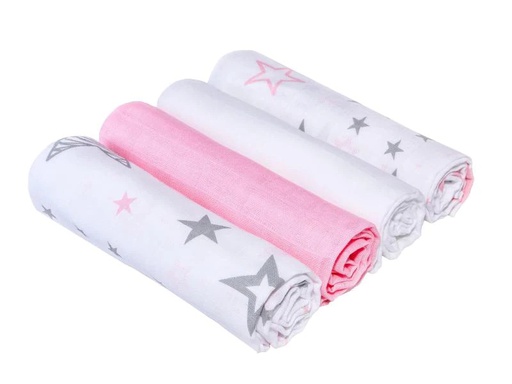 [90137459 974442] MAKIAN Mulltuch 4-er Set 80 x 80 cm Pink und Weiss Sterne