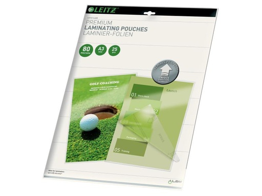 [90143357 627345] Leitz Laminierfolie Premium A3,  80 µm, 25 Stück, Glänzend