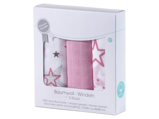 [90153526 974446] MAKIAN Mulltuch 3-er Set 80 x 80 cm Pink und Weiss Sterne