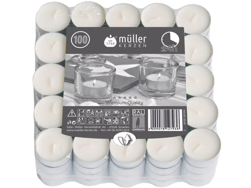 [90154501 595610] müller Kerzen Teelichter in Aluhülse Weiss, 100 Stück
